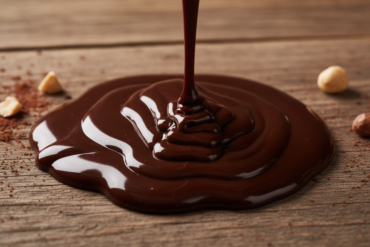 smooth chocolate flowing onto a wooden table